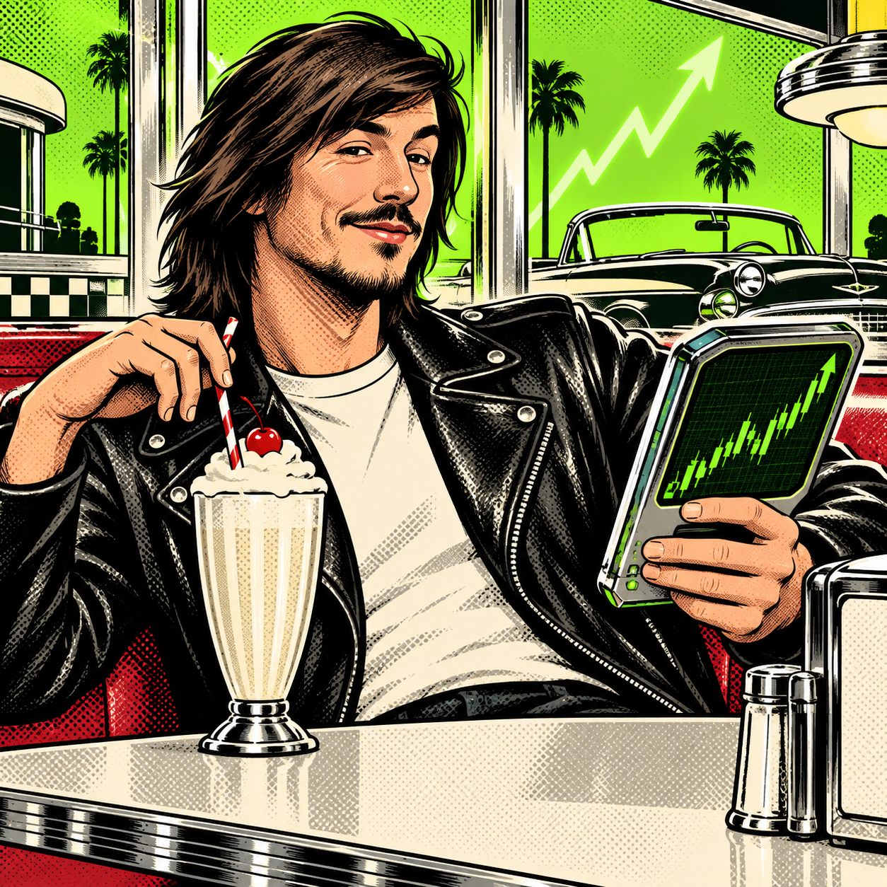 Vlad checking the market at a diner