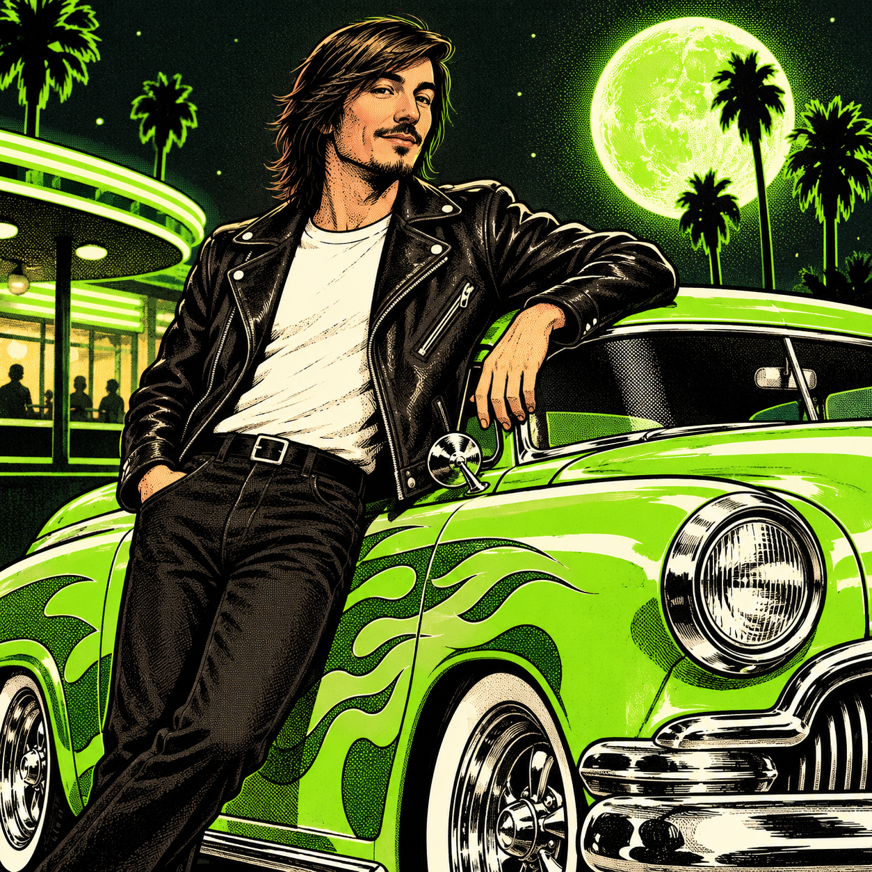 Vlad Ponzarelli leaning on a lime hot rod beneath a neon moon