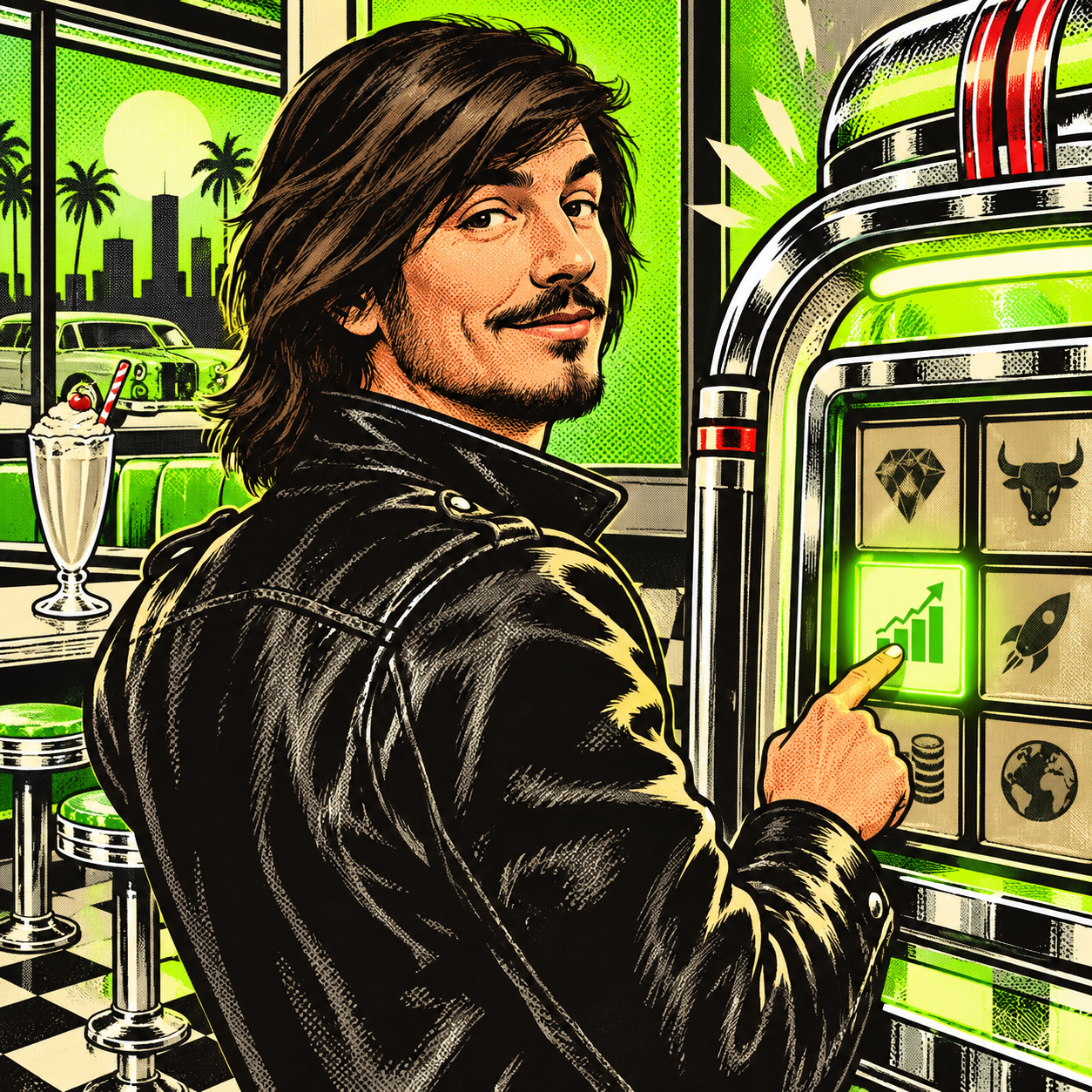 Vlad selecting a stock token from a diner jukebox